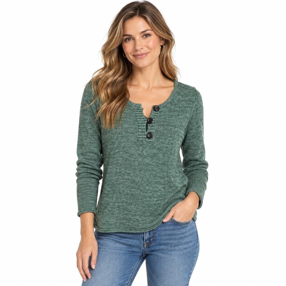 Eddie Bauer cotton knit Henley top in sage green. Women XS
